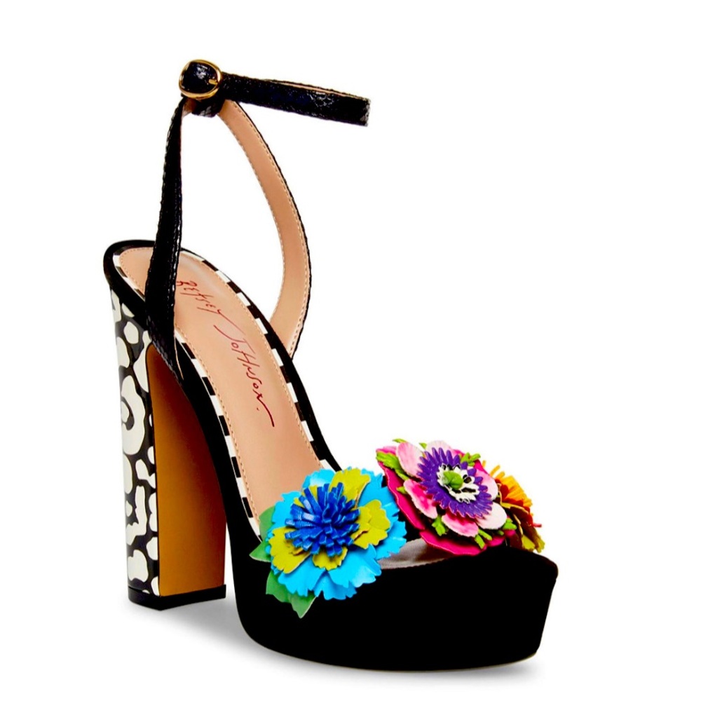Betsey Johnson Black Heels with Colorful Floral Accents